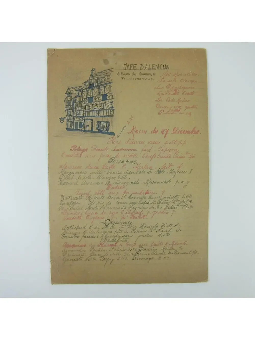 Antique 1920s Menu Cafe D'Alencon Montparnasse Paris France Wine Prices Handmade
